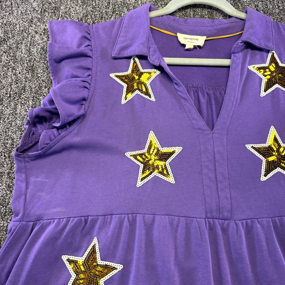Umgee Mini Dress Womens 1XL Purple Gold Sequin Star Cotton V-Neck Ruffle Sleeve - Picture 4 of 16
